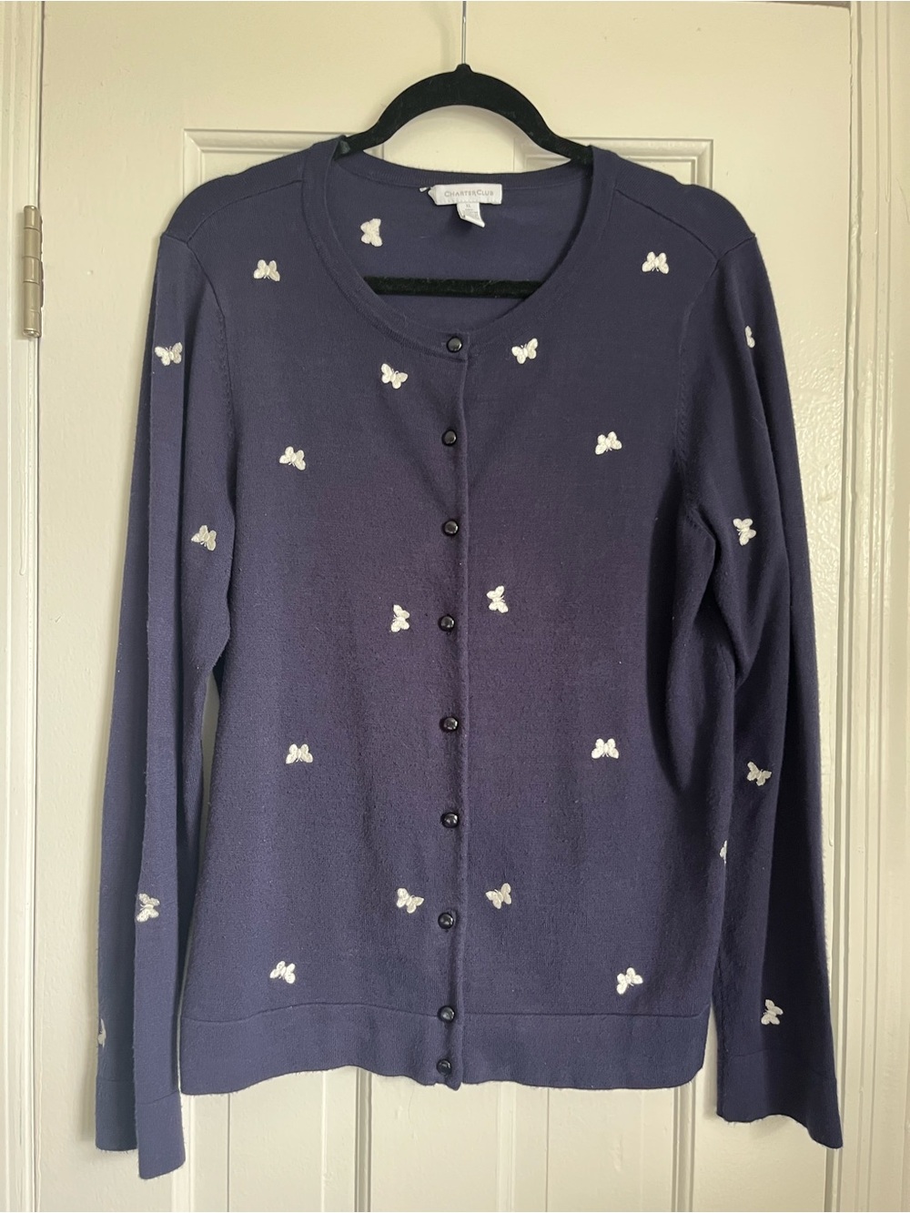 Charter Club Navy Button-Front Butterfly Embroidered Cardigan Sweater